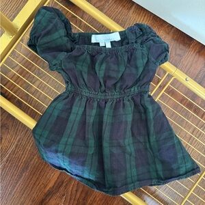 Hill House Kids Black and Green Plaid Off-Shoulder Dress